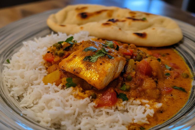 Un assortimento colorato di pesce curry si trova in cima a un riso cotto a vapore, accompagnato da pane naano caldo. il piatto esp fotografie stock libere da diritti