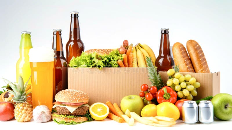 Un assortimento di fast food che rinfresca frutta e varie bevande sono disposte in modo artistico in una scatola di cartone contro royalty illustrazione gratis