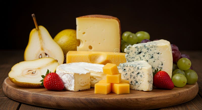Un assortimento di formaggi è disposto su una tavola di legno con formaggio di colore blu Brie. illustrazione vettoriale