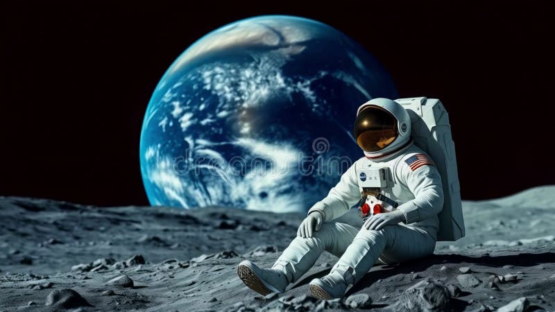 Un astronaut stă pe suprafața Lunilor uitându-se la Pământ în fundal. Spațiul vast și peisajul lunar royalty free illustration