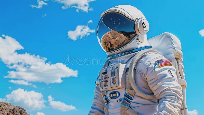 Un astronaut într-un costum spațial alb, se ridică în fața unui cer albastru strălucitor, cu nori albi.. reflectorizant stock illustration