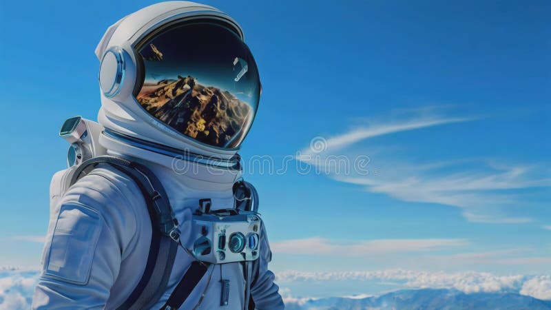 Un astronaut într-un costum spațial alb, se ridică în fața unui cer albastru strălucitor, cu nori albi.. reflectorizant stock illustration