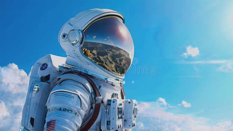 Un astronaut într-un costum spațial alb, se ridică în fața unui cer albastru strălucitor, cu nori albi.. reflectorizant royalty free illustration