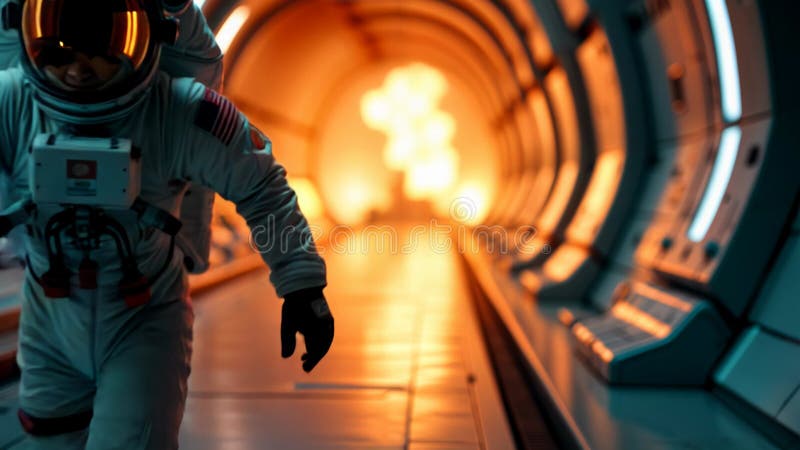 Un astronaut într-un costum spațial alb a trecut printr-un coridor al stației spațiale futuriste cu foc și explozii în spatele lui royalty free illustration