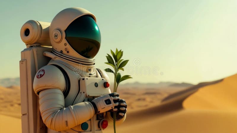 Un astronaut într-un costum spațial futurist stă într-un deșert de pe Marte care ține o plantă verde. Scena simbolizează speranța royalty free illustration