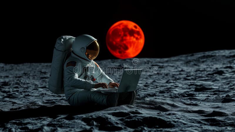 Un astronaut într-un costum spațial lucrează pe un laptop în timp ce stă pe suprafața unui moonrsquo. o eclipsă lunară roșie vie stock illustration