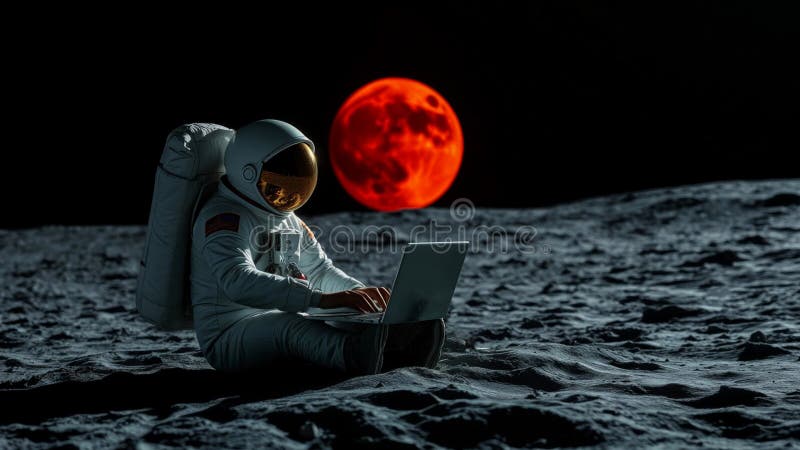 Un astronaut într-un costum spațial lucrează pe un laptop în timp ce stă pe suprafața unui moonrsquo. o eclipsă lunară roșie vie vector illustration