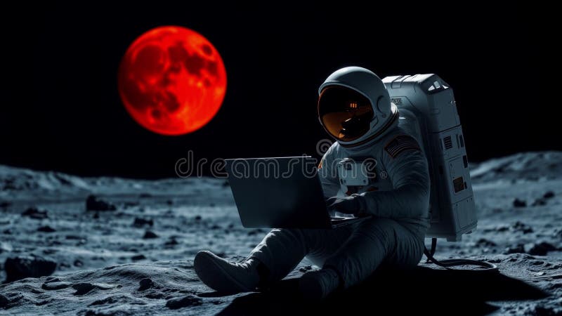 Un astronaut într-un costum spațial lucrează pe un laptop în timp ce stă pe suprafața unui moonrsquo. o eclipsă lunară roșie vie vector illustration