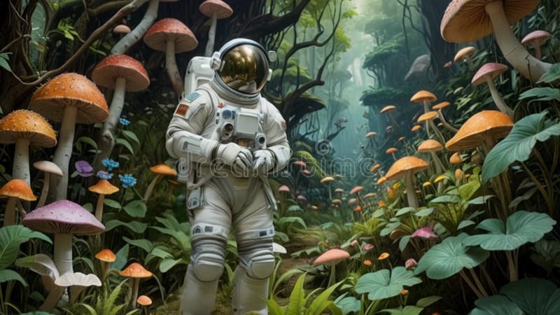 Un astronaut într-un costum spațial plin trece printr-o pădure de ciuperci gigantice de portocale sub lumină difuză moale creând u stock illustration