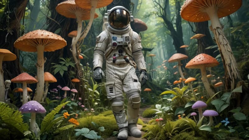 Un astronaut într-un costum spațial plin trece printr-o pădure de ciuperci gigantice de portocale sub lumină difuză moale creând u stock illustration