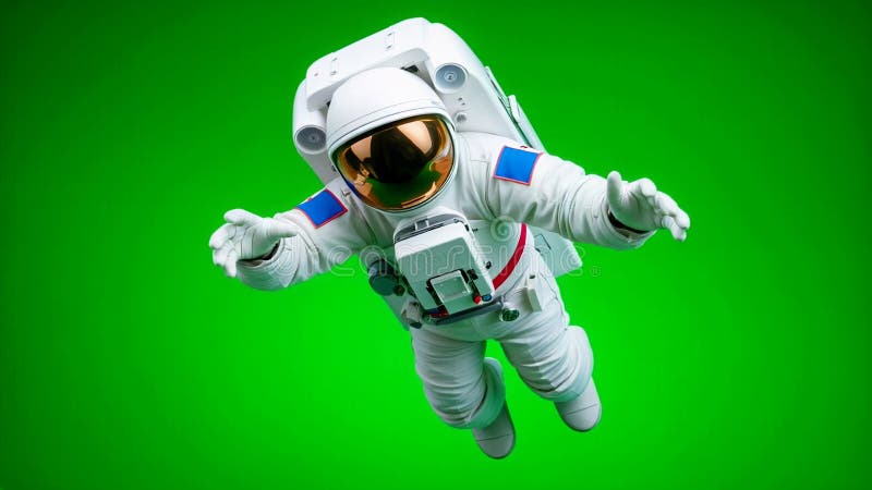 Un astronaut își flutură mâna pe un fundal verde. vector illustration