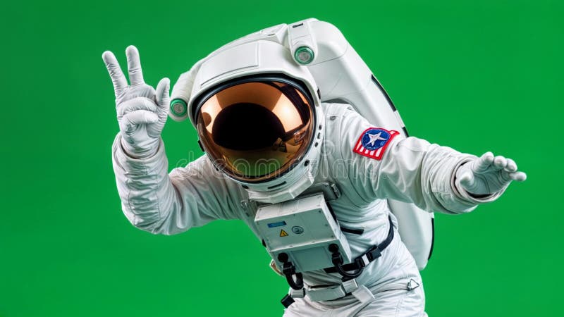 Un astronaut își flutură mâna pe un fundal verde. vector illustration