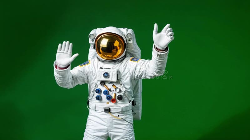 Un astronaut își flutură mâna pe un fundal verde. vector illustration