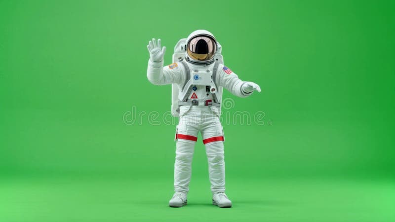 Un astronaut își flutură mâna pe un fundal verde. royalty free illustration