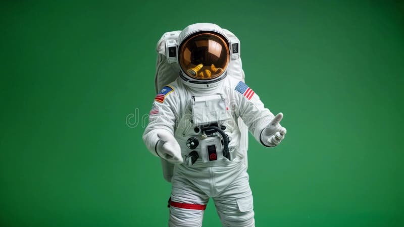 Un astronaut își flutură mâna pe un fundal verde. vector illustration
