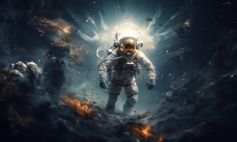 Un astronauta e il loro team che esplorano luoghi misteriosi e avventurosi nello spazio intraprendendo un viaggio cosmico verso illustrazione di stock
