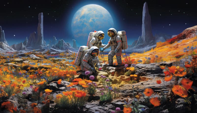 Un astronauta e il loro team che esplorano luoghi misteriosi e avventurosi nello spazio intraprendendo un viaggio cosmico verso illustrazione vettoriale