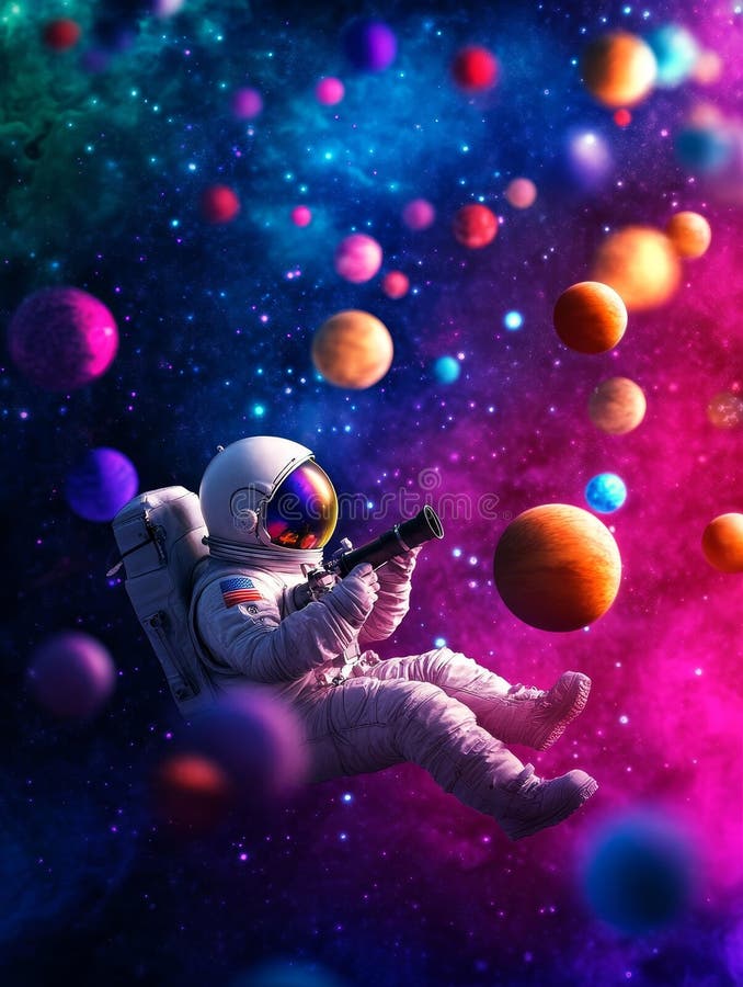 Un astronaute fantaisiste flotte à travers l'espace en regardant un télescope vers un ciel étoilé rempli de planètes colorées l'as illustration libre de droits