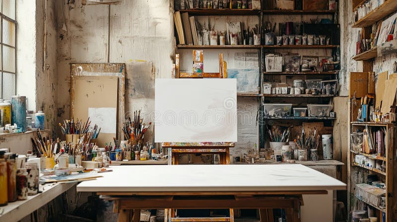 Un atelier pentru ambarcațiuni curate, cu vopsele pentru obiecte de artă și pânze goale. Un atelier pentru ambarcațiuni curate, cu vopsele pentru materiale de artă și conserve goale, cu imagine ai generat