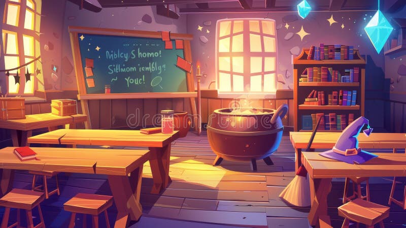 A magical school classroom, with wooden desks, chalkboard writing, sorcerers hats, wizard wands, and brooms. Cartoon modern illustration with potions, witch hats, spell books, and witch hats.. AI generated. A magical school classroom, with wooden desks, chalkboard writing, sorcerers hats, wizard wands, and brooms. Cartoon modern illustration with potions, witch hats, spell books, and witch hats.. AI generated
