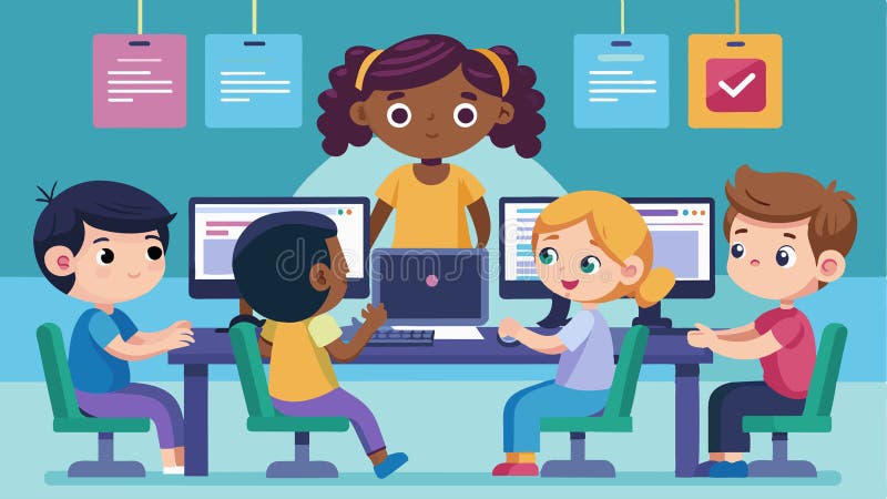 In un'aula piena di computer in ebollizione bambini collaborano a un programma java che simula un animale virtuale royalty illustrazione gratis