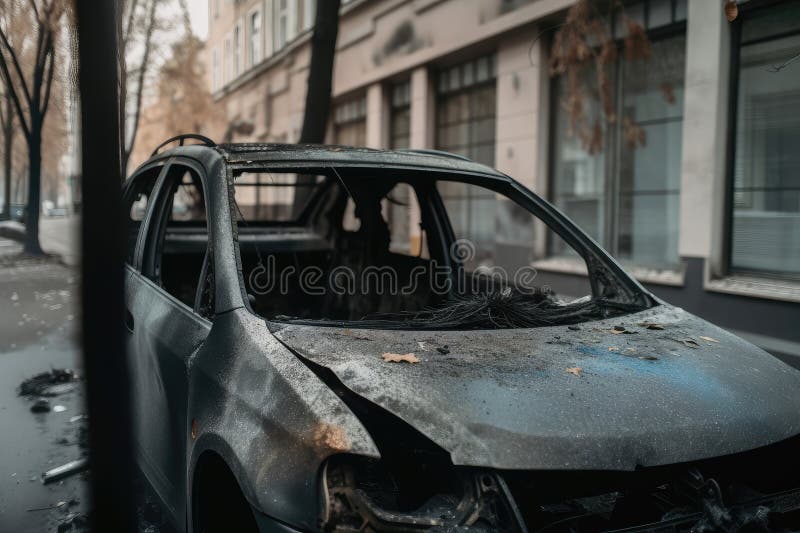 Un'auto distrutta per strada con vetri rotti e detriti sparsi. Auto distrutta per strada con vetri di vetri rotti e detriti sparsi creati con aria generativa