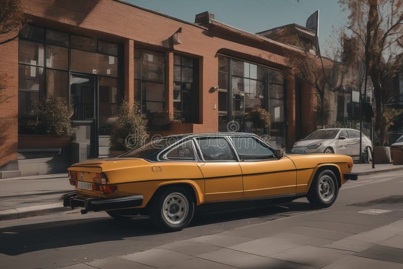Un'auto parcheggiata sul tram parcheggiata sulla strada della classica vintage di colore giallo in strada illustrazione di stock