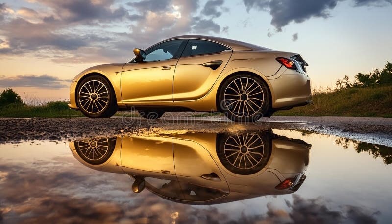 Un'auto sportiva d'oro straordinaria catturata a livello di terra, il riflesso si riflette in una pozza royalty illustrazione gratis