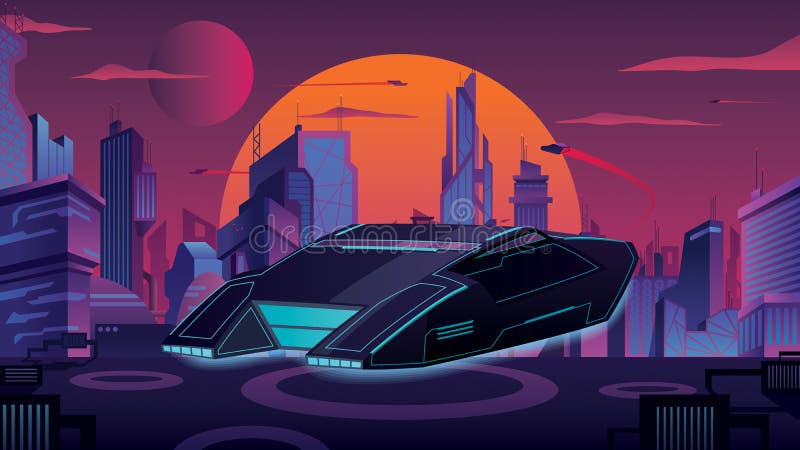 Un'auto in volo nella città futuristica royalty illustrazione gratis