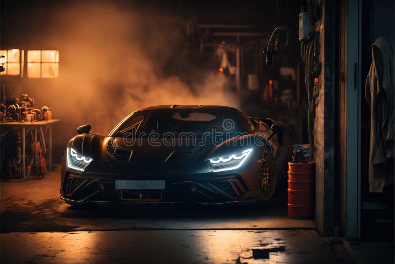 a car is parked in a garage with smoke coming out of it's hoods and headlights on . a car is parked in a garage with smoke coming out of it's hoods and headlights on .