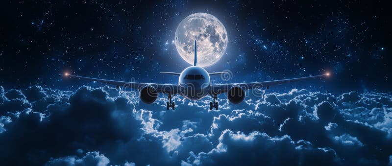 Un avión deslizándose sobre las nubes acompañado de estrellas y una luna en el cielo nocturno. generado por ai