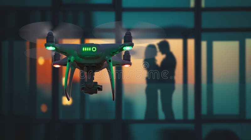 Un avión no tripulado de uav que vuela justo fuera de una ventana donde una pareja está abrazando stock de ilustración