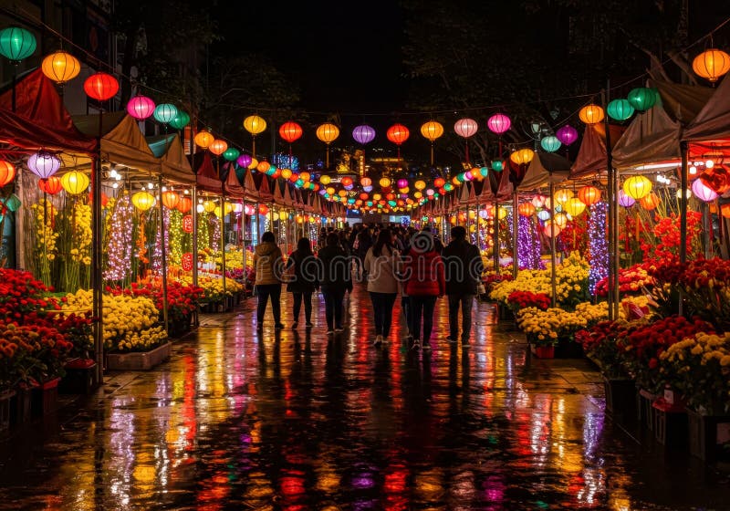 Un año nuevo lunar que la gente camina en el mercado de las flores por la noche iluminado con luces coloridas y farolillos que cre ilustración del vector