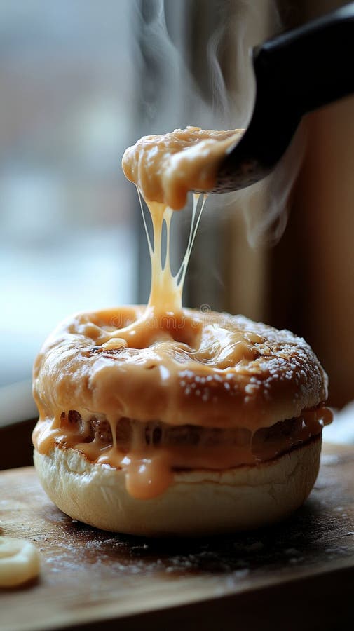 Un bagel chaud rempli d'ingrédients salés suce du fromage fondu de goey tandis que de la vapeur se lève pour créer une atmosphère photographie stock