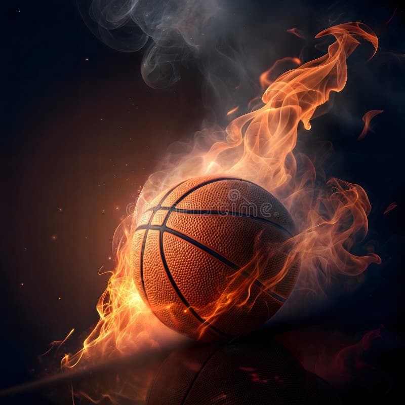 Un baloncesto envuelto en intensas llamas rodeado de humo que se agitaba y creaba un efecto de acción explosivo y feroz. Un baloncesto está envuelto en intensas llamas giratorias, con el humo que lo rodea en un fondo oscuro. Las llamas crean un efecto dramático y explosivo resaltando las bolas de la superficie texturada. Los colores vivos naranja y amarillo dominan el lugar acentuando la acción feroz y proporcionando una sensación de energía intensa. El reflejo de las bolas es visible en la superficie brillante de abajo, añadiendo a la composición dinámica.