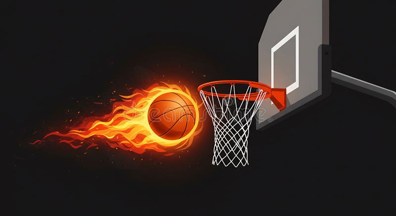 Un baloncesto envuelto en llamas se acerca a un aro y una tabla trasera contra un libre illustration