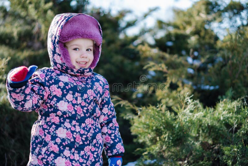Un bambino gioca a nascondino dietro ai cespugli di ginepro d'inverno