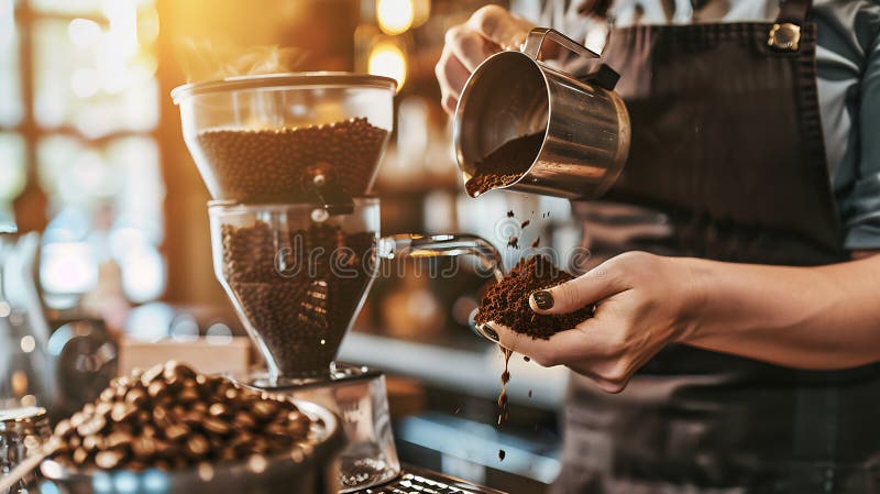 Generative AI : barista pouring coffee powder from a coffee grinder to a dripper to make fresh coffee in the caf business concept. Generative AI : barista pouring coffee powder from a coffee grinder to a dripper to make fresh coffee in the caf business concept.