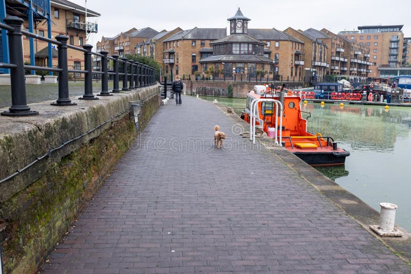 Un bateau de couleur orange près du quai jaune canari Royaume-uni de passage. Un petit bateau coloré près de la piste et un petit chien amical marchant au milieu de la route.