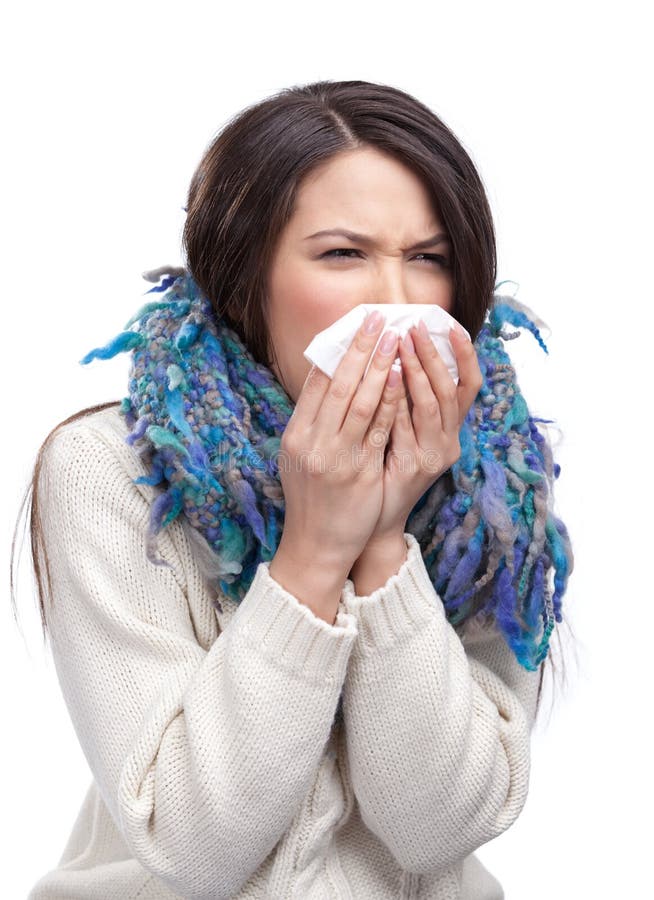 Sick beautiful woman holding wipe in her hands, isolated. Sick beautiful woman holding wipe in her hands, isolated