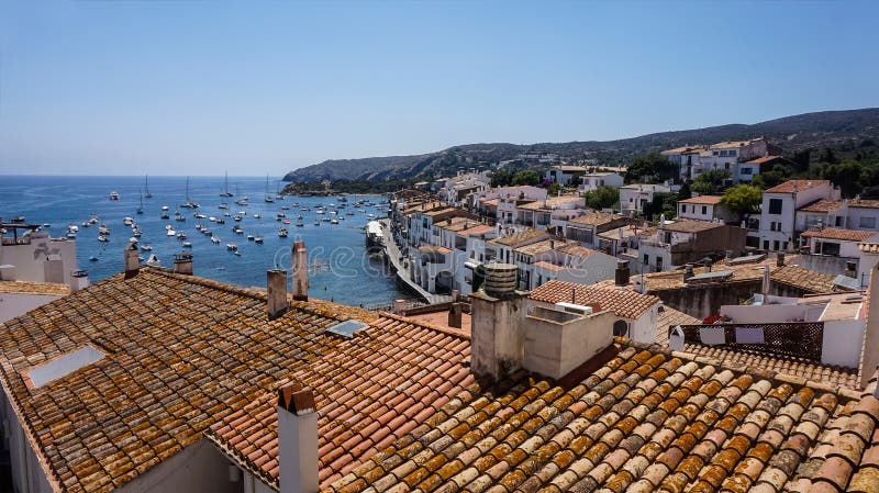 Un beau vew de la mer Méditerranée des dessus de toit, Cadaques, Espagne. Un beau paysage marin de la mer Méditerranée des dessus de toit carrelés rouges des maisons blanches, se tenant sur le bord de la mer de la station touristique, Cadaques, Espagne Concept - endroit de paradis pour aimé et des artistes