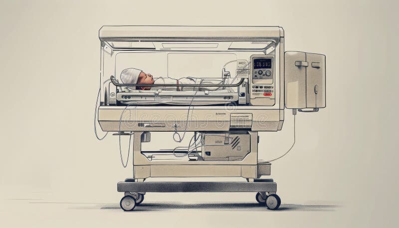 A newborn is resting in a rectangular hospital incubator, a lifesaving machine made of aluminum and metal engineered to provide a controlled gas environment AI generated. A newborn is resting in a rectangular hospital incubator, a lifesaving machine made of aluminum and metal engineered to provide a controlled gas environment AI generated