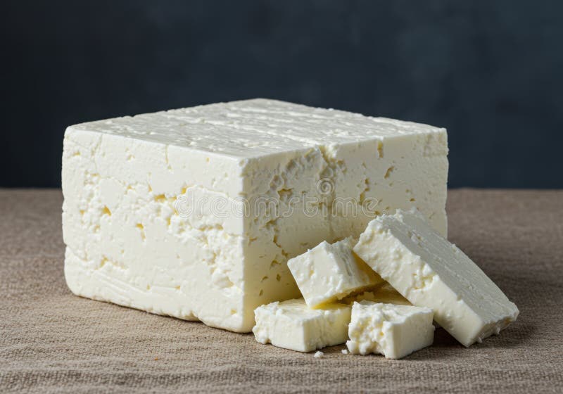 Un bel blocco di formaggio di feta con alcuni pezzi tagliati pronti per essere serviti royalty illustrazione gratis