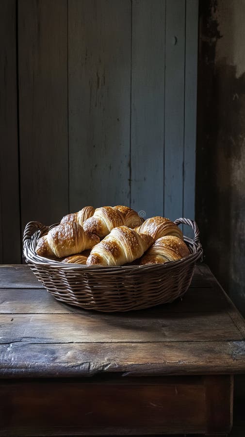Un bel cestino pieno di croissant appena cotto. Il caldo colore d'oro e la trama debole vi invitano a assaporare immagine stock libera da diritti