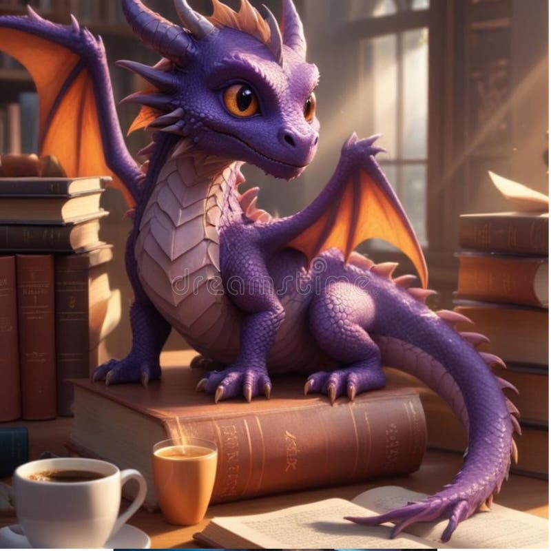 Un bel drago viola con ali arancioni seduti su un libro accanto a una tazza di caffè illustrazione vettoriale