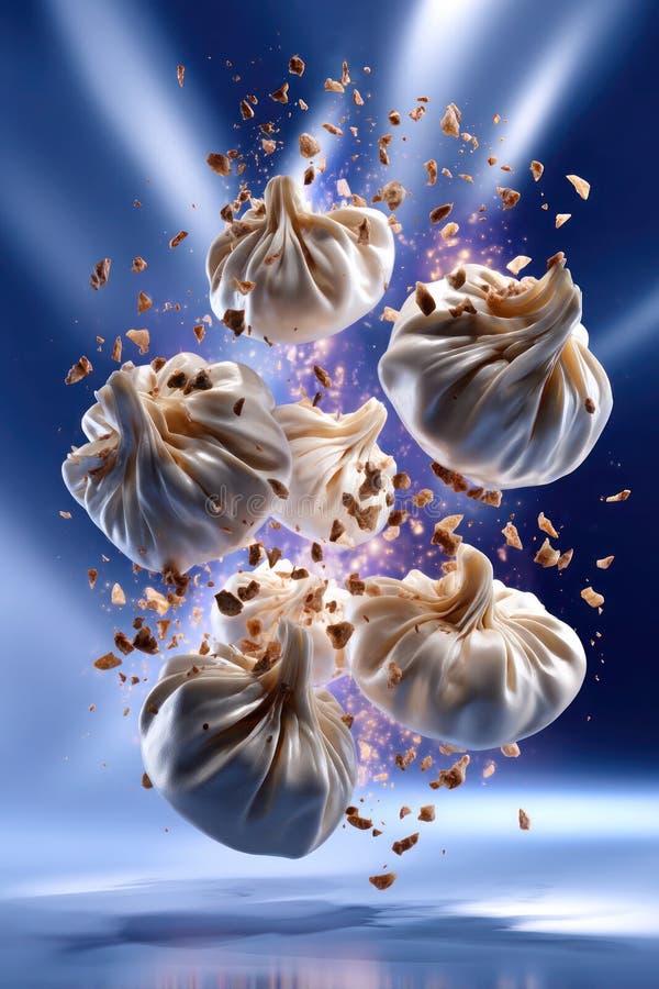 Un bel po' di ravioli con un sacco di briciole che volano intorno a loro illustrazione di stock