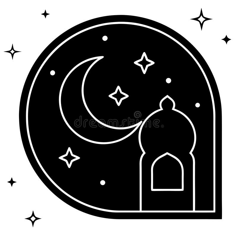 Un bellissimo tema RAMADAN con un background attraente. L'illustrazione geometrica presenta una luna crescente e una cupola stilizzate accompagnata da una lanterna e da un edificio a arco. Stelle e punti sparsi su uno sfondo nero. Le linee bianche semplicistiche creano un moderno design minimalista che suggerisce un tema architettonico islamico. La cupola centrale è ornata da una stella che si aggiunge al motivo celestiale. Le stelle possono variare in base al design migliorando la grafica simmetrica e l'estetica serena.
