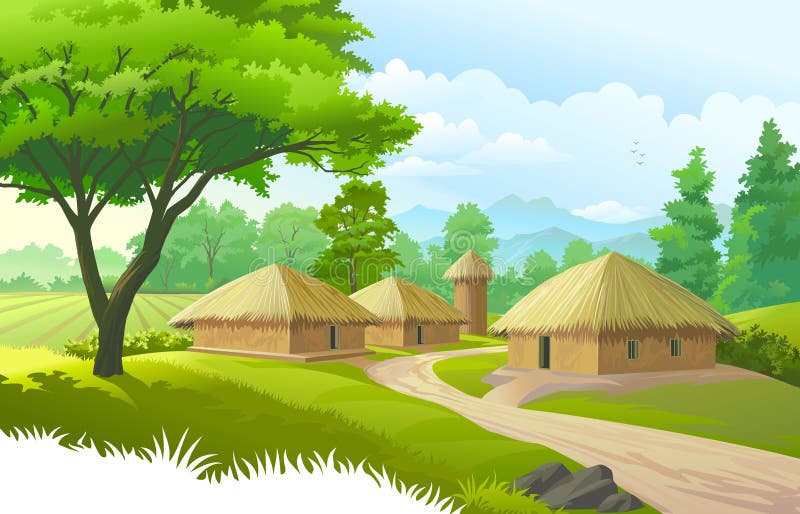 Un bello villaggio con i terreni coltivabili, alberi, prati e con le montagne nei precedenti Un bello villaggio con i terreni coltivabili, alberi, prati e con le montagne nei precedenti