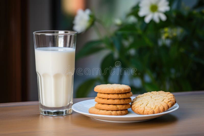 Un bicchiere di biscotti al latte su un piatto illustrazione vettoriale
