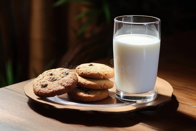 Un bicchiere di biscotti al latte su un piatto illustrazione di stock